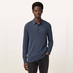 All Saints Men’s Mode Merino Wool Long Sleeve Logo Polo Shirt Small